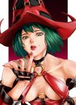  blown_kiss bob_cut breasts brown_eyes cleavage collarbone face fingerless_gloves gloves green_hair guilty_gear guilty_gear_xx hat i-no jade_(1308mukoubuti) kiss large_breasts lipstick makeup mole nail_polish o-ring_top pouty_lips red_lipstick short_hair solo yamaishi108 