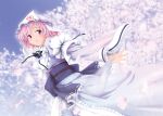  cherry_blossoms ghost hat japanese_clothes makkuroh_(pixiv) petals pink_eyes pink_hair saigyouji_yuyuko solo touhou tree 