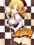  beret blonde_hair breasts brown_legwear checkered checkered_background corset detached_sleeves drill_hair fingerless_gloves gloves gun hair_ornament hairpin hat highres large_breasts magical_girl magical_musket mahou_shoujo_madoka_magica pleated_skirt puffy_sleeves ribbon rifle skindentation skirt solo taut_shirt thigh-highs thighhighs tomoe_mami twin_drills vertical-striped_legwear vertical_stripes weapon yamamoto_tama yellow_eyes zettai_ryouiki 