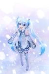  :d blue_eyes blue_hair boots detached_sleeves hatsune_miku headphones ikeda_jun long_hair necktie open_mouth skirt sleeves_past_wrists smile snow solo thigh-highs thigh_boots thighhighs twintails very_long_hair vocaloid yuki_miku 