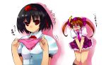  2girls black_hair brown_hair bust checkered checkered_skirt clothes_thief clothing_thief dress_shirt fang hat himekaidou_hatate holding holding_panties long_hair multiple_girls necktie panties pink_panties pointy_ears purple_eyes red_eyes sawamura_hikaru shameimaru_aya shirt short_hair skirt surprised theft tokin_hat touhou twintails underwear underwear_thief v_arms 