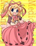  blonde_hair blue_eyes bubble_skirt character_name doll dress hair_bobbles hair_ornament hair_ribbon medicine_melancholy nullpooo red_dress ribbon short_twintails smile solo touhou twintails two_side_up yellow_background 