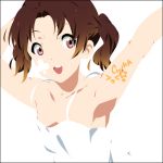  &gt;_&lt; armpits brown_eyes brown_hair extra k-on! lowres mizuki_makoto nojima_chika open_mouth smile solo star tattoo twintails 