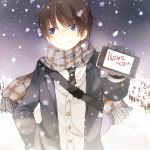  ayase08 blue_eyes blush brown_hair confession digital_media_player holding ipod male original plaid plaid_scarf pov product_placement pun2 scarf short_hair snow solo 