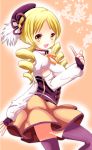  :d blonde_hair blush drill_hair fingerless_gloves gloves hat mahou_shoujo_madoka_magica open_mouth smile solo thigh-highs thighhighs tomoe_mami torotoro yellow_eyes 