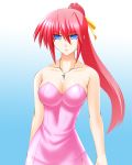  1girl blue_eyes breasts cleavage dress engo_(aquawatery) hair_ribbon highres jewelry large_breasts levantine long_hair lyrical_nanoha mahou_shoujo_lyrical_nanoha mahou_shoujo_lyrical_nanoha_a&#039;s necklace pink_hair ponytail ribbon signum solo 