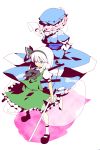  back-to-back blue_eyes flat_color ghost hat japanese_clothes katana konpaku_youmu konpaku_youmu_(ghost) multiple_girls myon pink_hair saigyouji_yuyuko short_hair shuushokuna_ekus silver_hair sword touhou weapon white_hair 