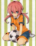  breasts genderswap highres inazuma_eleven inazuma_eleven_(series) inazuma_eleven_go kirino_ranmaru pink_hair sayu030b sitting smile soccer_ball soccer_uniform telstar twintails 