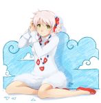  adjusting_hair bow cosplay dress emily_(meago) face green_eyes hair_bow jewelry long_sleeves meago necklace original pokemon sitting slippers solo togetic togetic_(cosplay) white_hair 