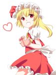  :d ascot bad_id blonde_hair chocolate flandre_scarlet gift hat heart holding holding_gift niyo open_mouth red_eyes short_sleeves side_ponytail simple_background smile solo the_embodiment_of_scarlet_devil touhou valentine 