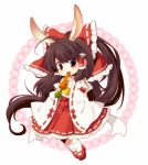  ahoge animal_ears ascot bow brown_hair bunny_ears carrot chibi detached_sleeves eating food hair_bow hair_tubes hakurei_reimu kemonomimi_mode kiri_futoshi long_hair mary_janes miko ponytail red_eyes shoes solo touhou very_long_hair 