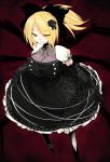  alternate_costume black_dress blonde_hair bow breasts buttons cleavage dress elbow_gloves floral_print flower gloves hair_bow hair_flower hair_ornament hair_over_one_eye han64 han_(jackpot) kurodani_yamame large_breasts neck_ribbon ponytail ribbon smile solo spider spider_web touhou web yellow_eyes 