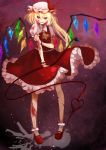  arm_hug ascot blonde_hair blood bobby_socks crystal fang fangs flandre_scarlet glowing hat highres injury issign laevatein long_hair mary_janes paint_splatter pigeon-toed pigeon_toed purple_eyes shoes short_hair smile socks solo standing star the_embodiment_of_scarlet_devil touhou violet_eyes wings wrist_cuffs wristband 