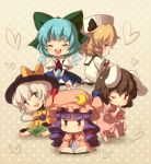  5girls :&lt; animal_ears blonde_hair blue_hair blueberry_(5959) book bunny_ears bunny_tail chibi cirno crescent dress dress_lift drill_hair green_eyes heart highres inaba_tewi komeiji_koishi luna_child multiple_girls patchouli_knowledge purple_eyes purple_hair red_eyes silver_hair sitting tail touhou wings wink 