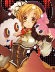  blonde_hair breasts charlotte_(madoka_magica) corset drill_hair fingerless_gloves gloves hat large_breasts mahou_shoujo_madoka_magica monster puffy_sleeves tomoe_mami uzukinoko yellow_eyes 