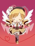  :d angel_wings beret blonde_hair blush boots chibi closed_eyes drill_hair eyes_closed hat heart lowres magical_girl mahou_shoujo_madoka_magica open_mouth outstretched_arms pleated_skirt puffy_sleeves sen1986 simple_background skirt smile solo thigh-highs thighhighs tomoe_mami wings 
