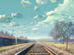  beyond_the_clouds blue_sky cloud fence kumo_no_mukou_yakusoku_no_basho light makoto_shinkai mountain no_humans photorealistic pillar plant railroad_tracks scenery scenic shinkai_makoto sky 