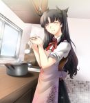  ^_^ apron artist_request black_hair blush bow brown_hair closed_eyes cooking eyes_closed fate/stay_night fate_(series) female hair_bow hair_ribbon long_hair matou_sakura personality_swap personality_switch ribbon skirt sleeves_rolled_up solo spoon tohsaka_rin toosaka_rin twintails 