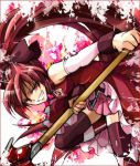  bare_shoulders black_legwear black_thighhighs boots detached_sleeves grin kegani long_hair mahou_shoujo_madoka_magica polearm ponytail red red_eyes red_hair redhead sakura_kyouko smile solo spear thigh-highs thighhighs very_long_hair weapon 