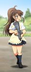  4649aoyagi 5.56x45mm_nato assault_rifle brown_eyes brown_hair bullpup compact_assault_rifle gun long_hair ponytail reflex_sight rifle skirt subcompact suupii taneshima_popura tar-21 tavor_tar-21 trigger_discipline waitress weapon working!! 