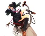  1girl asano4124 black_hair black_kneehighs black_legwear grin gun highres kneehighs original school_uniform serafuku short_hair simple_background smile solo staff sunglasses vacuum_cleaner washing_machine weapon 