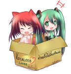  animal_ears blush box cardboard_box cat_ears cat_tail catstudio_(artist) chibi closed_eyes dress eyes_closed girl_in_a_box green_eyes green_hair hair_ornament hatsune_miku in_box in_container laughing long_hair multiple_girls original pink_dress puni_(miku_plus) tail thai translation_request twintails vocaloid 