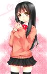  black_hair black_legwear blush bowtie brown_eyes hair_ornament hairclip hands_clasped lips original pleated_skirt school_uniform skirt smile solo sweater thigh-highs thighhighs yutazou zettai_ryouiki 