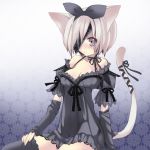  arm_warmers black_legwear black_thighhighs bow breasts cat_ears cat_tail cleavage detached_sleeves eyepatch gown grey_hair hair_bow lingerie negligee original purple_eyes ribbon saibashi short_hair sitting solo tail thigh-highs thighhighs underwear violet_eyes 