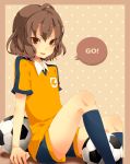  bad_id ball brown_eyes brown_hair footwear highres inazuma_eleven inazuma_eleven_(series) inazuma_eleven_go lightning_bolt male raimon shindou_takuto short_hair soccer_ball soccer_uniform socks telstar utaoka_(23com) 