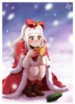  bell blush boots bow cape cup drink face gloves green_eyes hair_bow jingle_bell long_hair meago mina_(meago) mug original snow solo squatting white_hair 