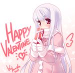  blush coat gift gloves happy_valentine heart holding holding_gift lavender_hair long_hair original red_eyes scarf smile solo valentine wings winter_clothes 