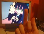  2d_dating :&lt; honekoneko lonely middle_finger official_style panty_&amp;_stocking_with_garterbelt parody photo stocking_(character) stocking_(psg) 