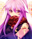  animal_ears bad_id blazer blush bow bunny_ears checkered covering_mouth crescent eyelashes eyes gift hetaling holding holding_gift incoming_gift long_hair looking_at_viewer mouth_hidden orange payot pov purple_hair reisen_udongein_inaba scarf shin_(hetaling) solo touhou valentine 