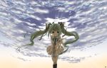  cloud clouds green_eyes green_hair hatsune_miku kneehighs long_hair miringx2 necktie outstretched_arm project_diva skirt sky smile solo twintails very_long_hair vocaloid 