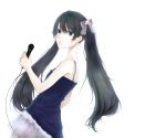  alternate_hair_color black_hair blue_eyes dutch_angle hair_ribbon hatsune_miku long_hair looking_back microphone simple_background solo strap_slip twintails vocaloid white 