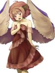  alternate_costume animal_ears bad_id bare_shoulders brown_dress collarbone dress fingernails hand_on_own_chest hand_to_chest large_wings long_fingernails mystia_lorelei nise_nanatsura nisenana no_hat no_headwear open_mouth pink_hair short_hair simple_background singing solo touhou wings 