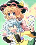  blonde_hair blue_eyes blue_hair carrying chibi closed_eyes fang hat heart highres komeiji_koishi laughing mary_janes medicine_melancholy nullpooo outstretched_arms running shoes shoulder_carry smile spread_legs third_eye touhou 