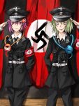  green_eyes green_hair hat komeiji_koishi komeiji_satori military military_uniform nazi pants purple_hair red_eyes salute short_hair siblings sisters smile swastika third_eye touhou uniform 