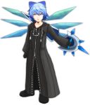  bad_id blue_hair bow cirno cosplay gloves hair_bow kingdom_hearts kotubu organization_xiii power_connection shield short_hair simple_background solo touhou transparent_background vexen vexen_(cosplay) 
