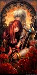  couple flower hug long_hair orange_eyes original red_hair redhead sheath spider_lily sword ting_chan weapon white_hair 