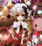  ascot birdcage blonde_hair blood blue_rose blush bunny cage cat drill_hair flandre_scarlet flower green_rose harukaruha hat rabbit red_eyes red_rose rose skull solo stained_glass stuffed_animal stuffed_toy teddy_bear the_embodiment_of_scarlet_devil touhou white_rose wings yellow_rose 