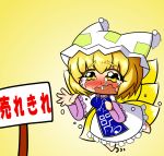  blonde_hair blush chibi fox_tail hat multiple_tails outstretched_hand sign snot solo tail tears touhou translated translation_request wavy_eyes wavy_mouth wvn yakumo_ran yellow_eyes 