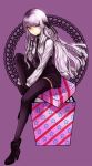  braid dangan-ronpa dangan_ronpa gloves high_heels highres kirigiri_kyouko long_hair nanamura necktie purple_background purple_eyes purple_hair shoes sitting solo thigh-highs thighhighs 