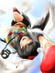  :d arm_up black_hair black_wings camera flying gift giving hat highres motion_blur open_mouth outstretched_arm scarf shameimaru_aya short_hair sky smile solo tamasan tokin_hat touhou upside-down wings yellow_eyes 