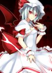  ascot bat_wings blue_hair brooch dean hat highres jewelry red_eyes remilia_scarlet short_hair slit_pupils solo touhou wings wrist_cuffs 