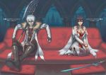  black_hair black_legwear black_thighhighs breasts cleavage couch cover cover_page covering covering_face covering_mouth halberd long_hair lord_of_vermilion mismi nido polearm red_eyes rishia short_hair sitting sword thigh-highs thighhighs weapon white_hair 