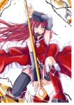  arm_up bare_shoulders black_legwear black_thighhighs blush boots chain chains chocolate detached_sleeves long_hair mad_(hazukiken) mahou_shoujo_madoka_magica mouth_hold one_knee open_mouth pink_hair polearm sakura_kyouko smile solo spear thigh-highs thighhighs very_long_hair weapon yellow_eyes 