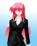  1girl blue_eyes blush breasts cleavage engo_(aquawatery) formal hair_down highres large_breasts long_hair long_sleeves lyrical_nanoha mahou_shoujo_lyrical_nanoha mahou_shoujo_lyrical_nanoha_a&#039;s pink_hair signum skirt solo suit 