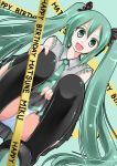  black_legwear black_thighhighs catstudio_(artist) green_eyes green_hair hatsune_miku long_hair panties police_tape skirt skirt_lift smile thigh-highs thighhighs twintails underwear upskirt very_long_hair vocaloid zettai_ryouiki 