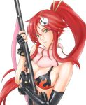  bare_shoulders bikini_top breasts cleavage elbow_gloves face fingerless_gloves gloves gun hair_ornament jade_(1308mukoubuti) long_hair payot ponytail red_hair redhead scarf simple_background solo tengen_toppa_gurren-lagann tengen_toppa_gurren_lagann weapon yamaishi108 yellow_eyes yoko_littner 